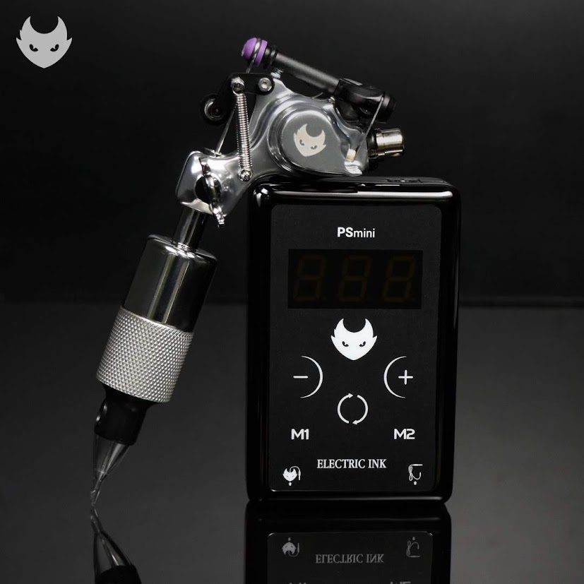 Full tattoo hand-piece: PSmini power supply, rotary machine on a clip-cord, disposable grip and cartridge needle