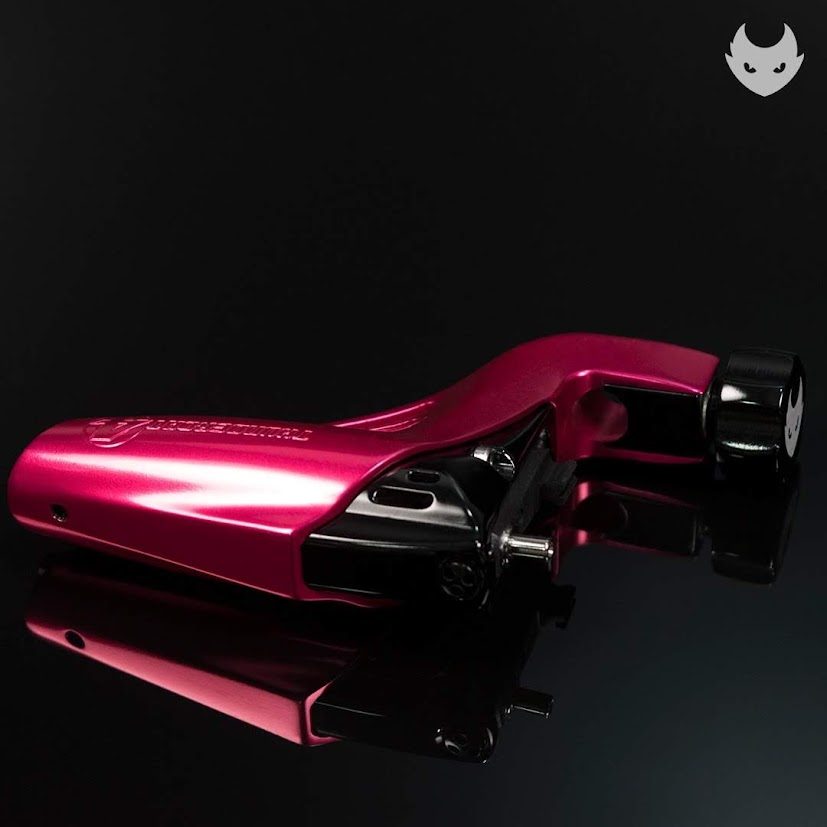 Magenta anodized Undercut rotary machine, full side profile with knurled house-mark cap