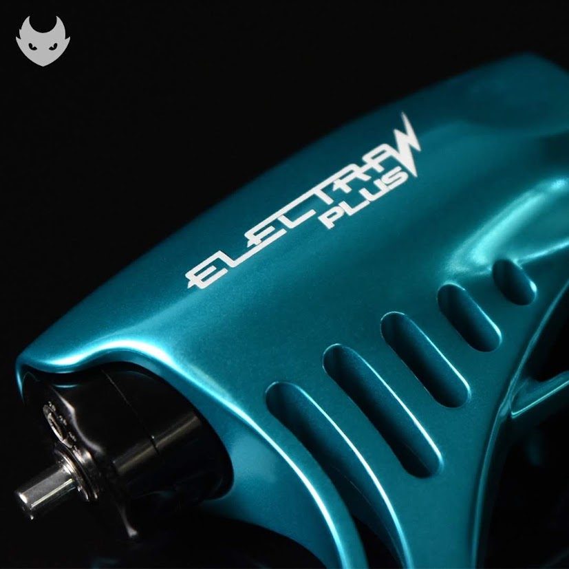 Teal anodized Electra Plus rotary machine, logo lock-up and vents in hard side light
